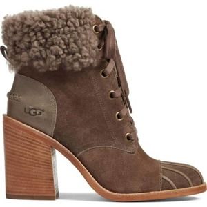 UGG Brown Suede Shearling-Cuff Lace-Up Block Heel Ankle Boots
